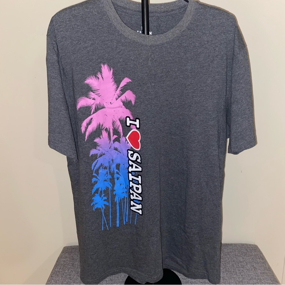 Gray T-Shirt 'I Love Saipan' Tee Print Palm Tree Gag Gift Comfort Shirt Size XXL